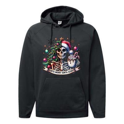 Funny Christmas Sorta Merry Sorta Scary Skeleton Xmas Tree Performance Fleece Hoodie