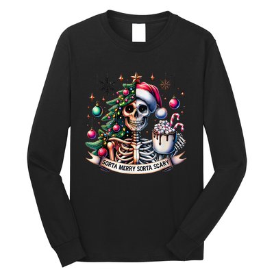 Funny Christmas Sorta Merry Sorta Scary Skeleton Xmas Tree Long Sleeve Shirt