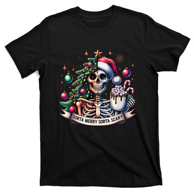 Funny Christmas Sorta Merry Sorta Scary Skeleton Xmas Tree T-Shirt