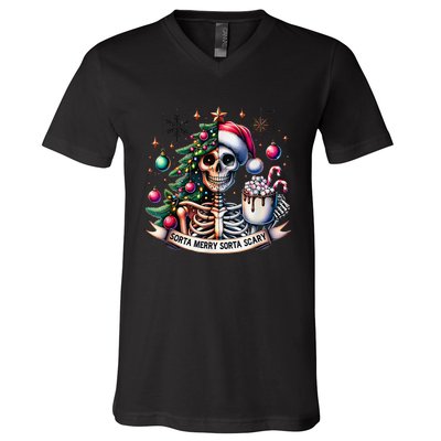 Funny Christmas Sorta Merry Sorta Scary Skeleton Xmas Tree V-Neck T-Shirt