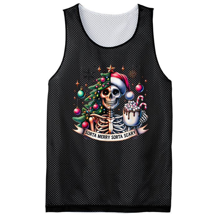 Funny Christmas Sorta Merry Sorta Scary Skeleton Xmas Tree Mesh Reversible Basketball Jersey Tank