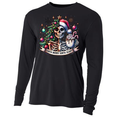 Funny Christmas Sorta Merry Sorta Scary Skeleton Xmas Tree Cooling Performance Long Sleeve Crew