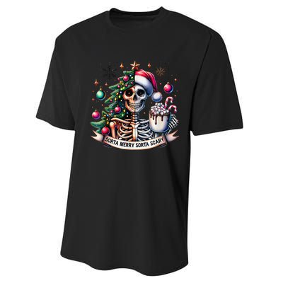 Funny Christmas Sorta Merry Sorta Scary Skeleton Xmas Tree Performance Sprint T-Shirt