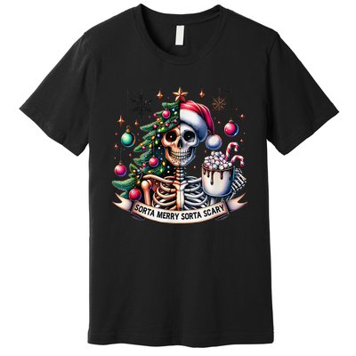 Funny Christmas Sorta Merry Sorta Scary Skeleton Xmas Tree Premium T-Shirt