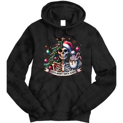 Funny Christmas Sorta Merry Sorta Scary Skeleton Xmas Tree Tie Dye Hoodie