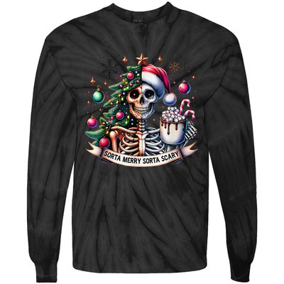 Funny Christmas Sorta Merry Sorta Scary Skeleton Xmas Tree Tie-Dye Long Sleeve Shirt