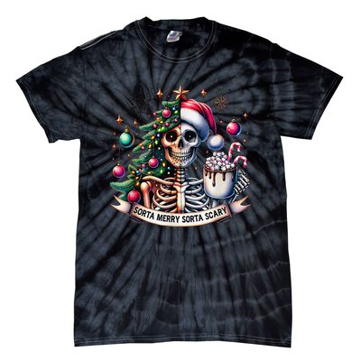 Funny Christmas Sorta Merry Sorta Scary Skeleton Xmas Tree Tie-Dye T-Shirt