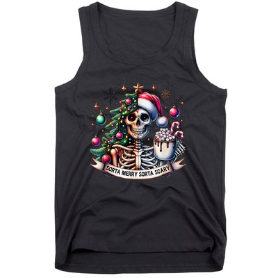 Funny Christmas Sorta Merry Sorta Scary Skeleton Xmas Tree Tank Top