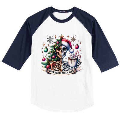 Funny Christmas Sorta Merry Sorta Scary Skeleton Xmas Tree Baseball Sleeve Shirt