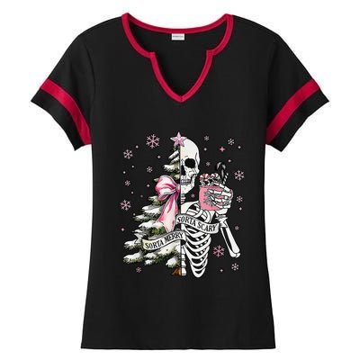 Funny Christmas Sorta Merry Sorta Scary Skeleton Xmas Tree Ladies Halftime Notch Neck Tee