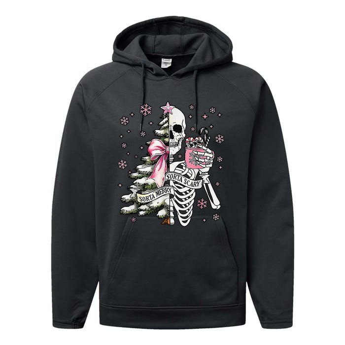 Funny Christmas Sorta Merry Sorta Scary Skeleton Xmas Tree Performance Fleece Hoodie