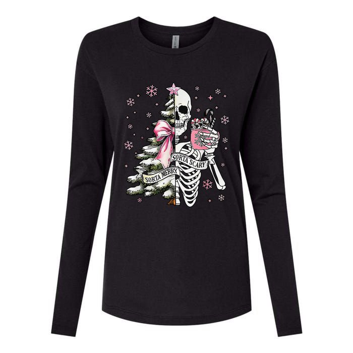 Funny Christmas Sorta Merry Sorta Scary Skeleton Xmas Tree Womens Cotton Relaxed Long Sleeve T-Shirt