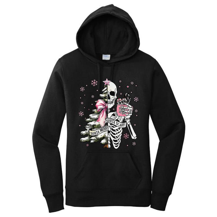 Funny Christmas Sorta Merry Sorta Scary Skeleton Xmas Tree Women's Pullover Hoodie