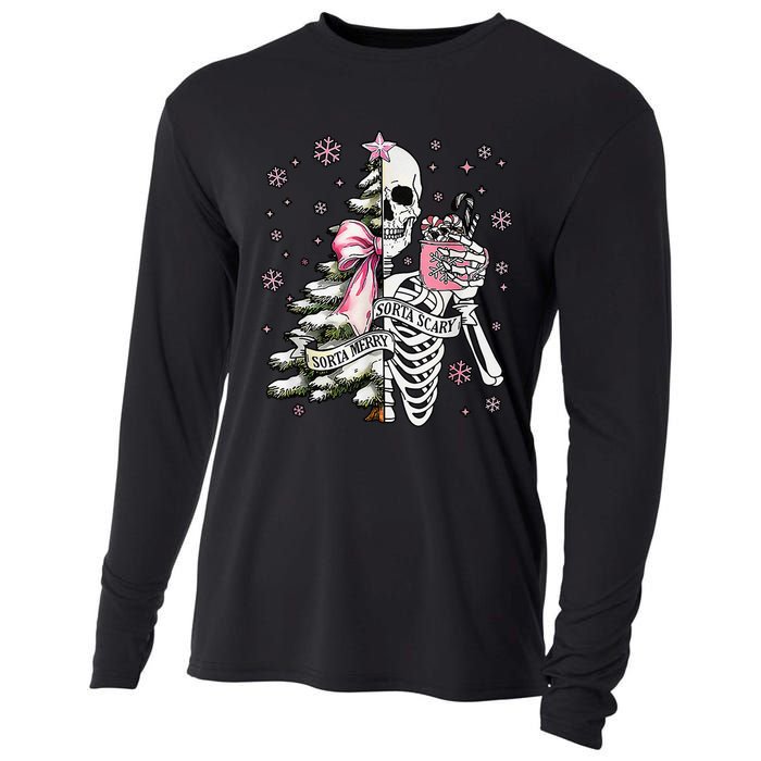 Funny Christmas Sorta Merry Sorta Scary Skeleton Xmas Tree Cooling Performance Long Sleeve Crew