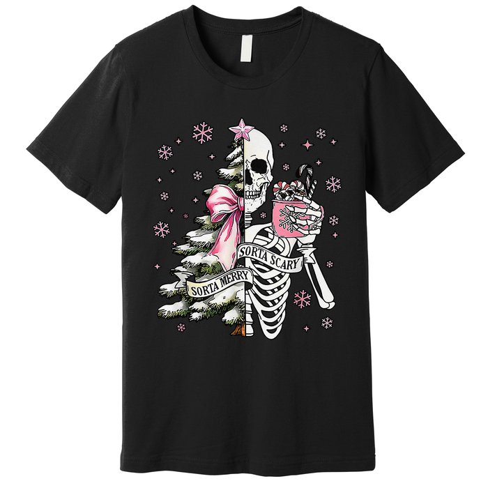 Funny Christmas Sorta Merry Sorta Scary Skeleton Xmas Tree Premium T-Shirt