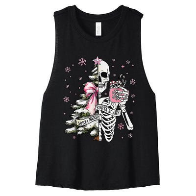 Funny Christmas Sorta Merry Sorta Scary Skeleton Xmas Tree Women's Racerback Cropped Tank