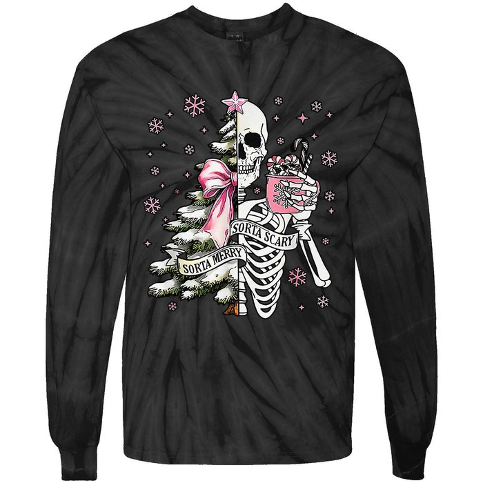 Funny Christmas Sorta Merry Sorta Scary Skeleton Xmas Tree Tie-Dye Long Sleeve Shirt