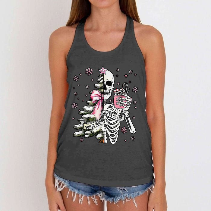 Funny Christmas Sorta Merry Sorta Scary Skeleton Xmas Tree Women's Knotted Racerback Tank