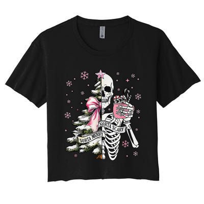 Funny Christmas Sorta Merry Sorta Scary Skeleton Xmas Tree Women's Crop Top Tee