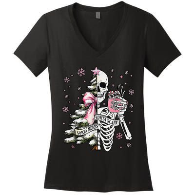 Funny Christmas Sorta Merry Sorta Scary Skeleton Xmas Tree Women's V-Neck T-Shirt