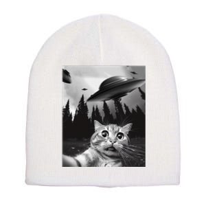 Funny Cat Selfie With Ufos Short Acrylic Beanie