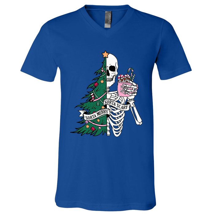 Funny Christmas Sorta Merry Sorta Scary Skeleton Xmas Tree V-Neck T-Shirt