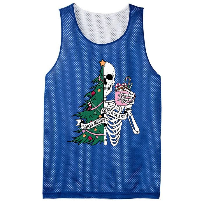 Funny Christmas Sorta Merry Sorta Scary Skeleton Xmas Tree Mesh Reversible Basketball Jersey Tank