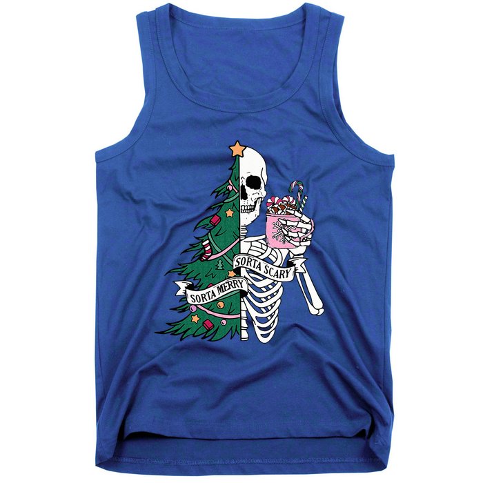 Funny Christmas Sorta Merry Sorta Scary Skeleton Xmas Tree Tank Top