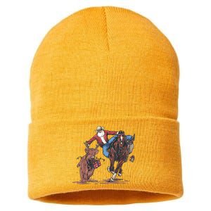 Funny Cowboy Santa Bulldogging Christmas Western Cowboy Xmas Sustainable Knit Beanie