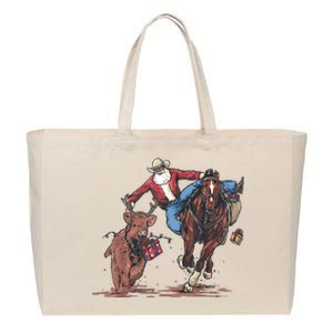 Funny Cowboy Santa Bulldogging Christmas Western Cowboy Xmas Cotton Canvas Jumbo Tote