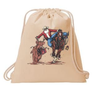 Funny Cowboy Santa Bulldogging Christmas Western Cowboy Xmas Drawstring Bag