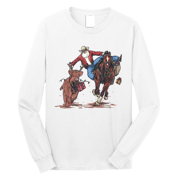 Funny Cowboy Santa Bulldogging Christmas Western Cowboy Xmas Long Sleeve Shirt