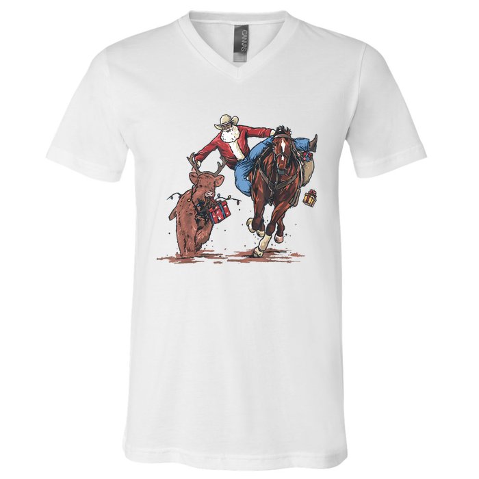 Funny Cowboy Santa Bulldogging Christmas Western Cowboy Xmas V-Neck T-Shirt