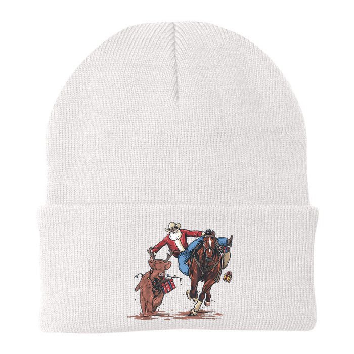 Funny Cowboy Santa Bulldogging Christmas Western Cowboy Xmas Knit Cap Winter Beanie