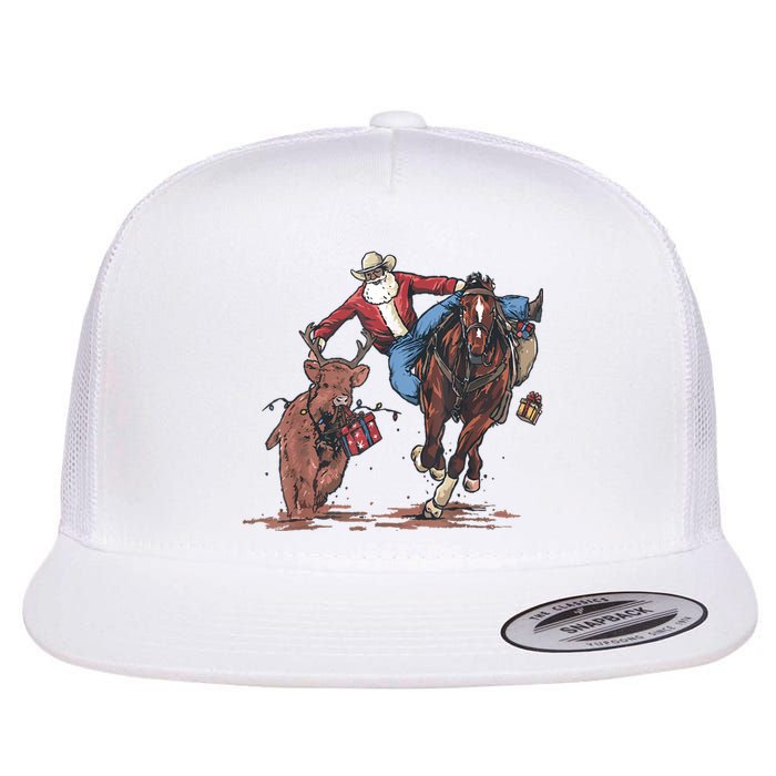 Funny Cowboy Santa Bulldogging Christmas Western Cowboy Xmas Flat Bill Trucker Hat