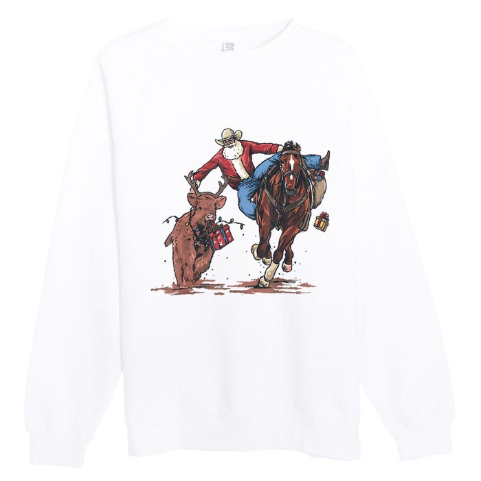 Funny Cowboy Santa Bulldogging Christmas Western Cowboy Xmas Premium Crewneck Sweatshirt