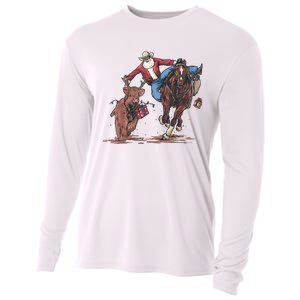 Funny Cowboy Santa Bulldogging Christmas Western Cowboy Xmas Cooling Performance Long Sleeve Crew