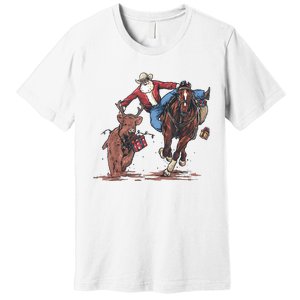 Funny Cowboy Santa Bulldogging Christmas Western Cowboy Xmas Premium T-Shirt