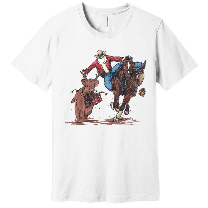 Funny Cowboy Santa Bulldogging Christmas Western Cowboy Xmas Premium T-Shirt