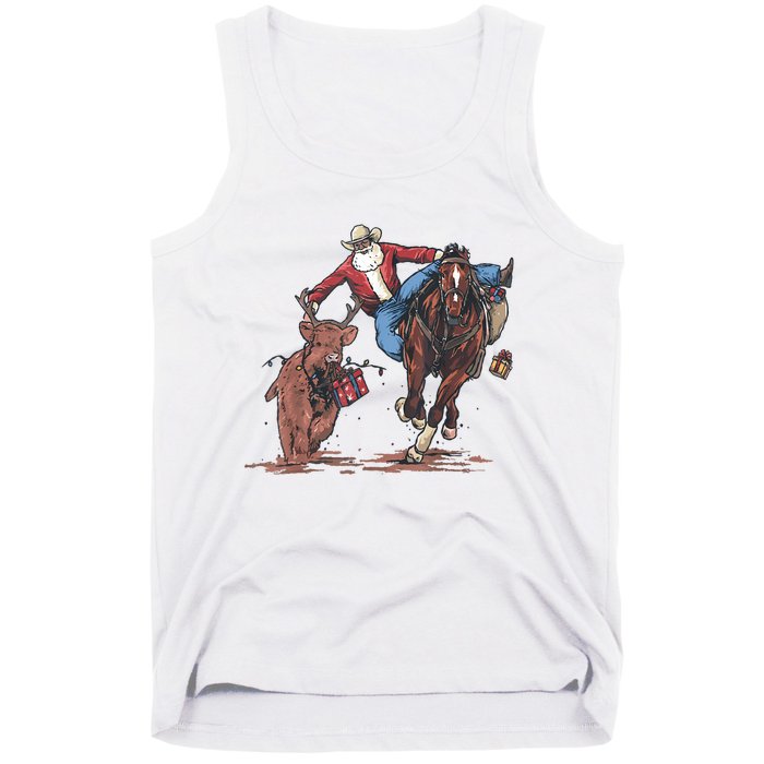 Funny Cowboy Santa Bulldogging Christmas Western Cowboy Xmas Tank Top