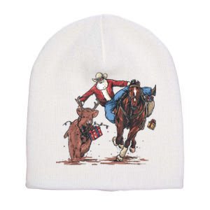 Funny Cowboy Santa Bulldogging Christmas Western Cowboy Xmas Short Acrylic Beanie