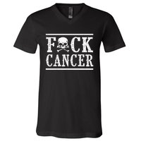 Fuck Cancer Skull And Crossbones Skeleton Breast Cancer V-Neck T-Shirt