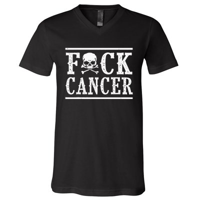 Fuck Cancer Skull And Crossbones Skeleton Breast Cancer V-Neck T-Shirt