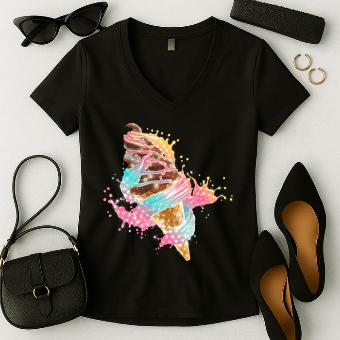 Fun Colorful Summer Time Chocolate Ice Cream Women's V-Neck T-Shirt