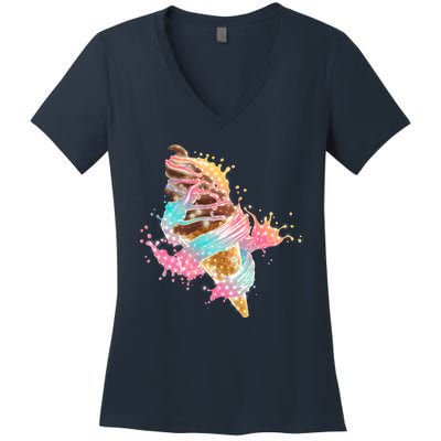 Fun Colorful Summer Time Chocolate Ice Cream Women's V-Neck T-Shirt