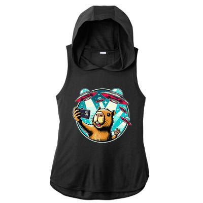 Funny Capybara Selfie With Ufos Ladies PosiCharge Tri-Blend Wicking Draft Hoodie Tank