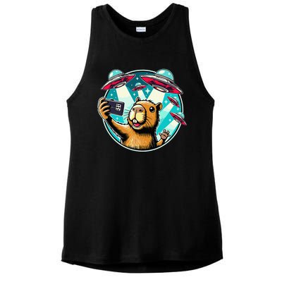 Funny Capybara Selfie With Ufos Ladies PosiCharge Tri-Blend Wicking Tank