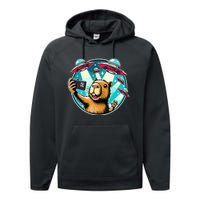 Funny Capybara Selfie With Ufos Performance Fleece Hoodie