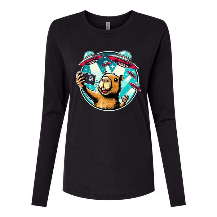 Funny Capybara Selfie With Ufos Womens Cotton Relaxed Long Sleeve T-Shirt