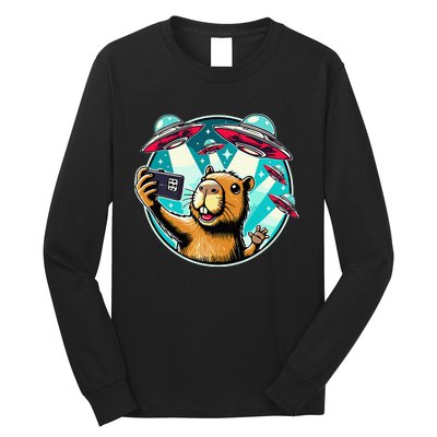 Funny Capybara Selfie With Ufos Long Sleeve Shirt